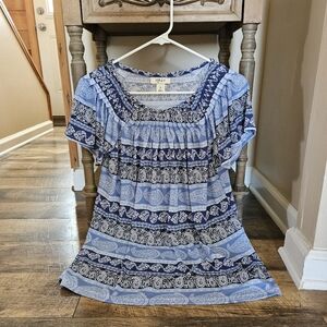 Blue and White Patterned Blouse Top